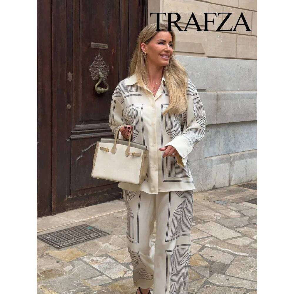 Designer Leisure High Quality TRAFZA 2025 Women Trouser Suit Turn-down Collar Sleeve Single-breasted Slim Print Shirt+High Waist Zipper Loose Long Pan