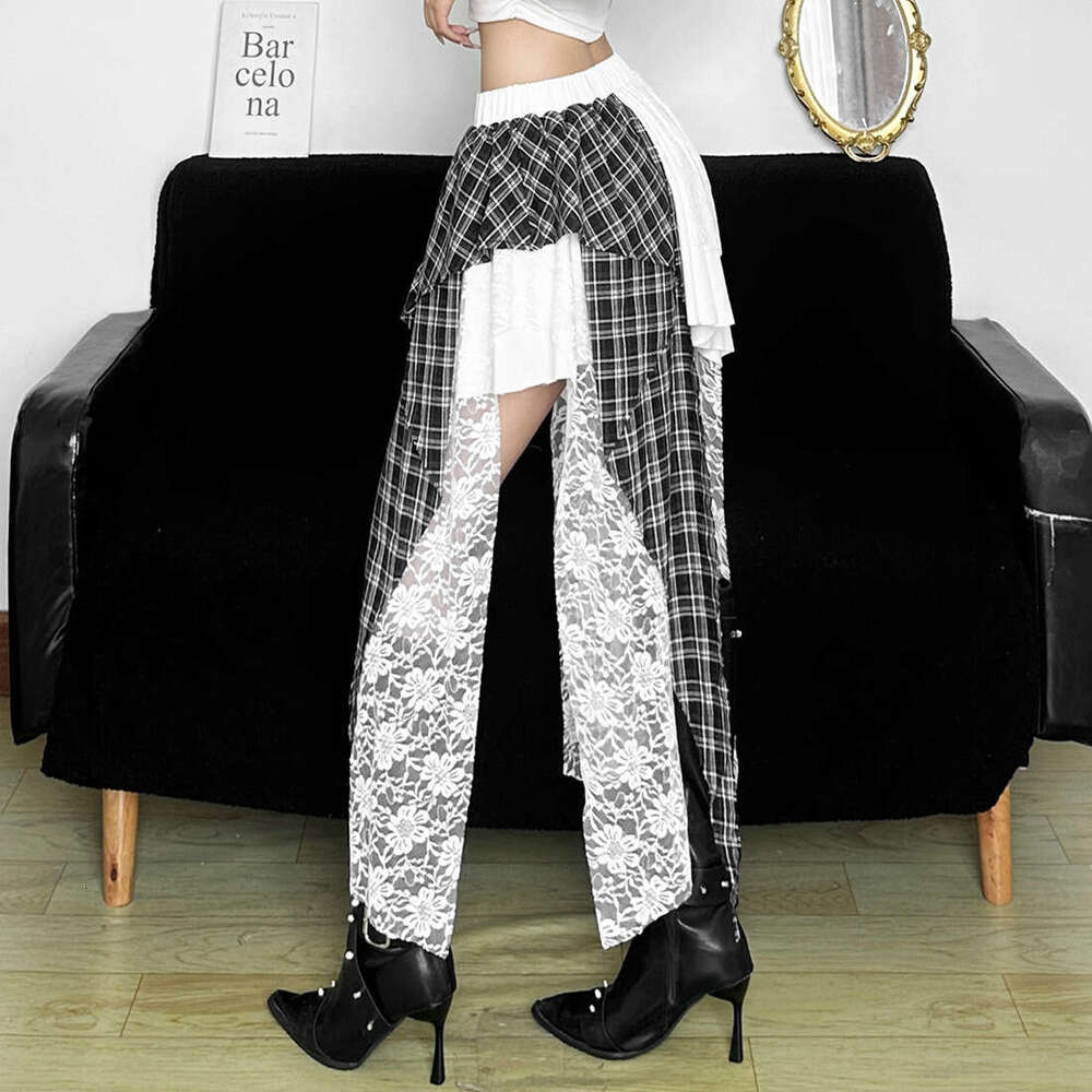 2025 Summer New Irregular Solid Color Patchwork Plaid Lace Slim Fit Trendy Versatile Midi Skirt 4f6