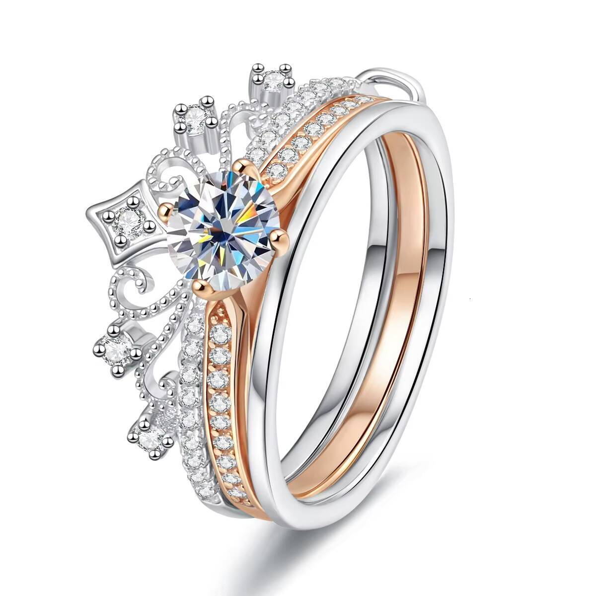 S925 Sterling Silver Fashionable Charm Moissanite Rose Color Separated Lace Hollow Double-layer Ring