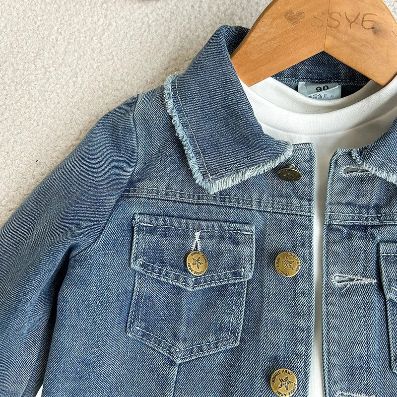 2-8 year old girls denim set with retro lapel long sleeved denim jacketpleated skirt cover girls fashionable and trendy set 250724