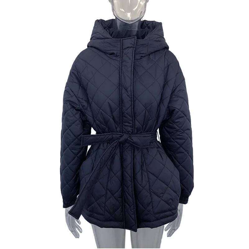 Autumn Winter Hooded Cotton Jacket Parkas Women Slim Waist Long Sleeve Coat Outwear Female Single Breasted Lace Up Down Jackets