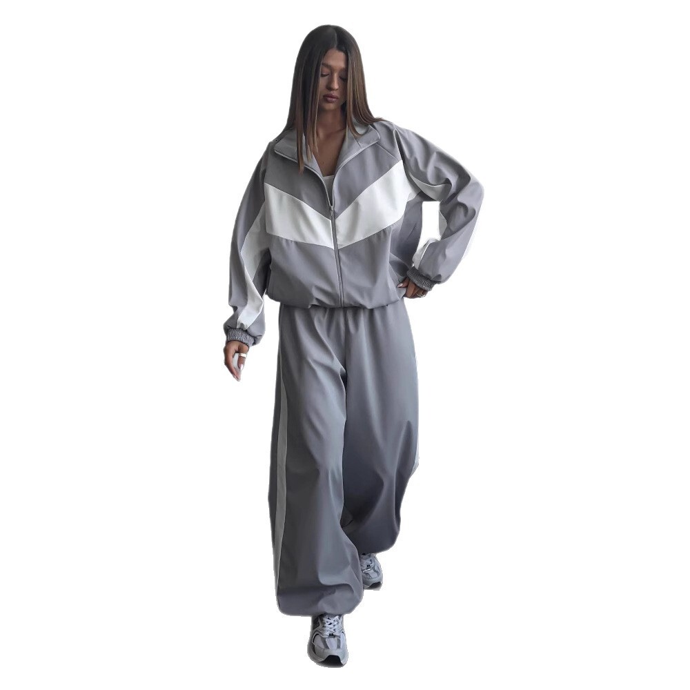 Womens Casual Set Fashion Loose Color Block Long Sleeve Zipper Cardigan Contrast Top Long Pants Sports Set