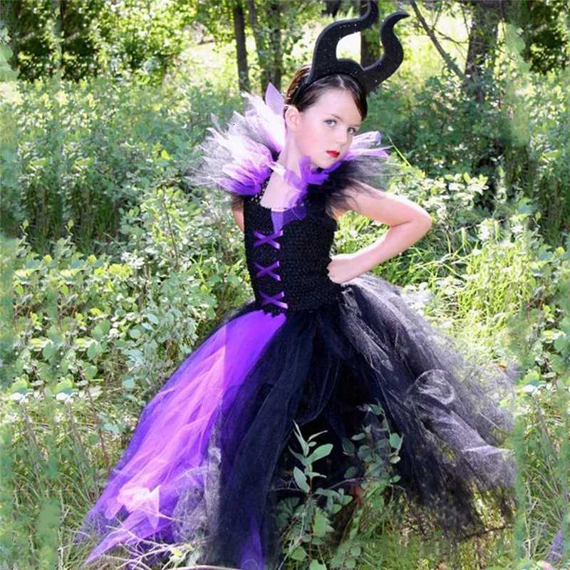 Girls Evil Queen Maleficent Witch Tutu Dress Kids Crochet Dress Ball Gown with Hairbow Children Halloween Par Costume Dresses Z250725