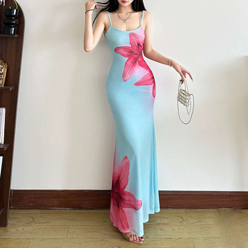 2025 Summer New Sexy Sleeveless Strap Printed Slim Fit Long Dress Women's Fashion 1e5
