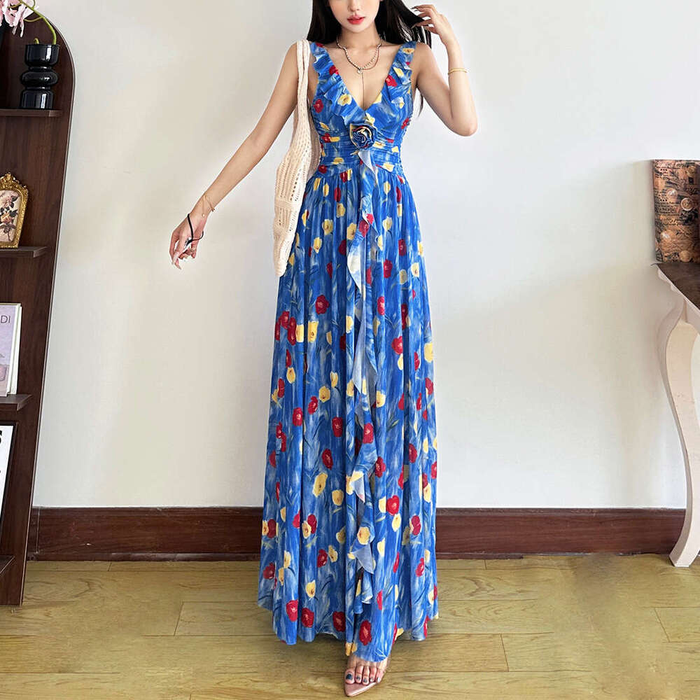 2025 Summer New French Style Waist-Cinching V-Neck Slim Fit Three-Dimensional Floral Sleeveless Versatile Long Dress 7d5