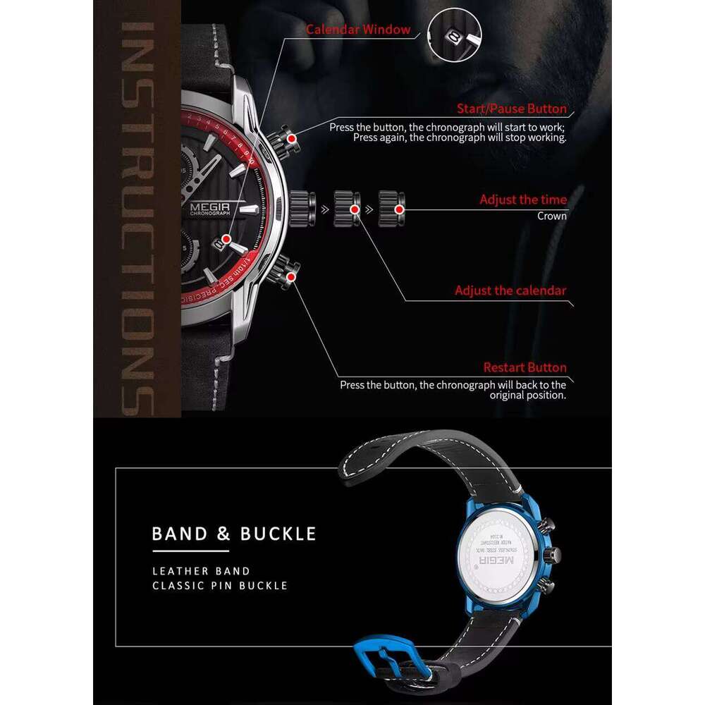 MEGIR Men's Oversized Chronograph Watch - 53mm Genuine Leather, Waterproof, Luminous - Bulk Wholesale Watch