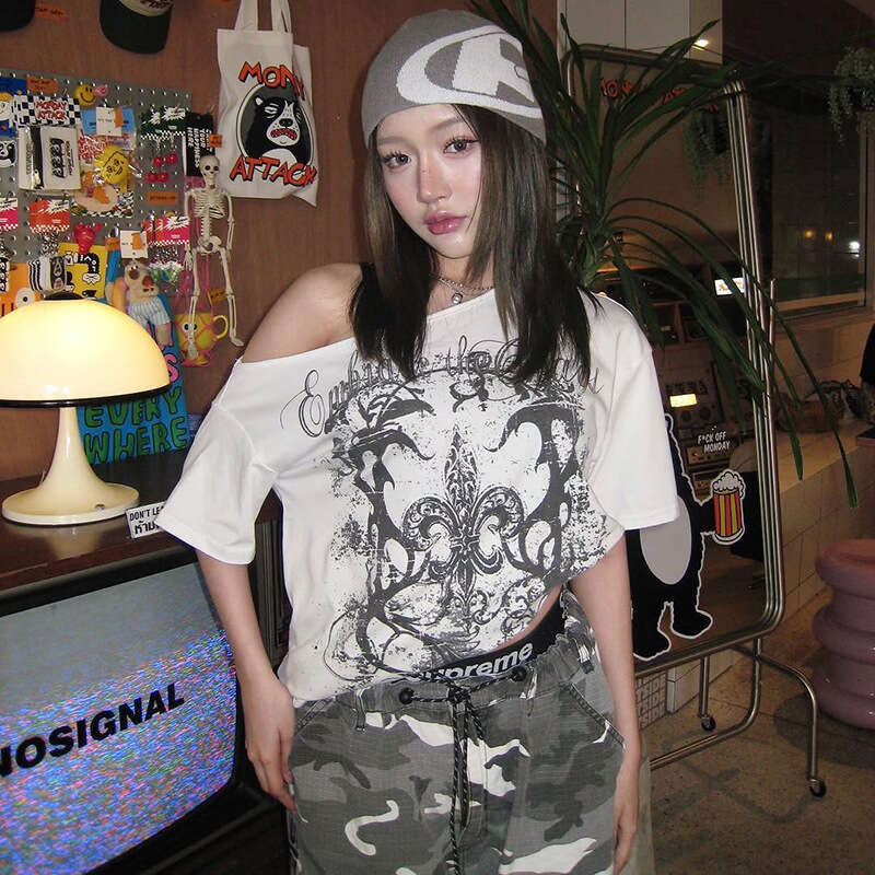 Women's Clothing 2025 Spring Summer New Street Fashion Printed Sexy Asymmetrical Neck Short Sleeve Loose T-Shirt dd5