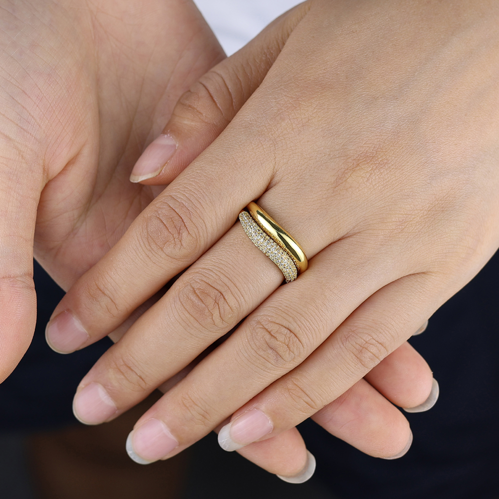 2025 New Arrivals Gold Color Multi Layer Geometric Ring Set Pave Bling Cubic Zirconia For Women Girl's Fashion Wedding Finger Jewelry