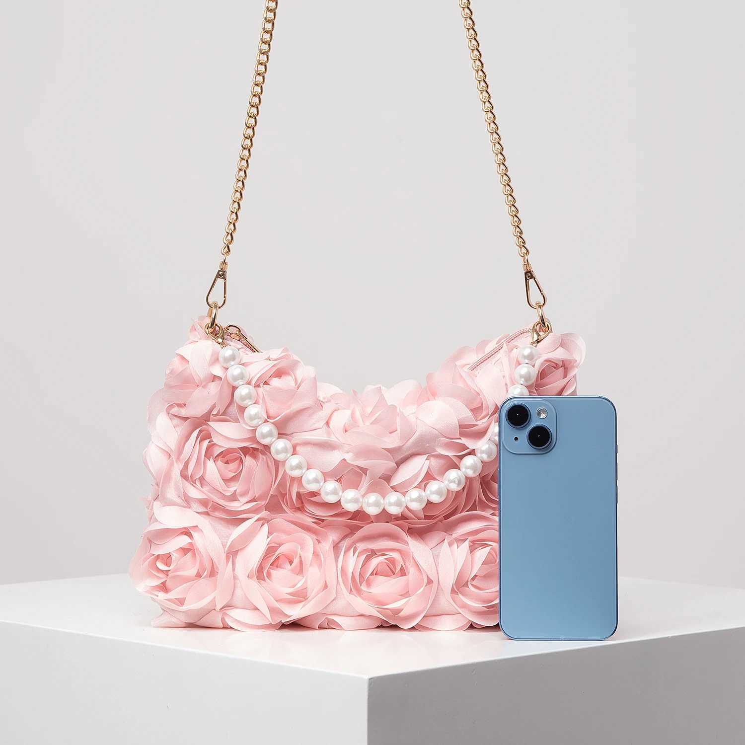 Luxury Rose Flower Tote Bags for Ladies Prom Dresses for Women Metal Chain Crossbody Bag Elegant Bag for Women Wedding Items Y250725