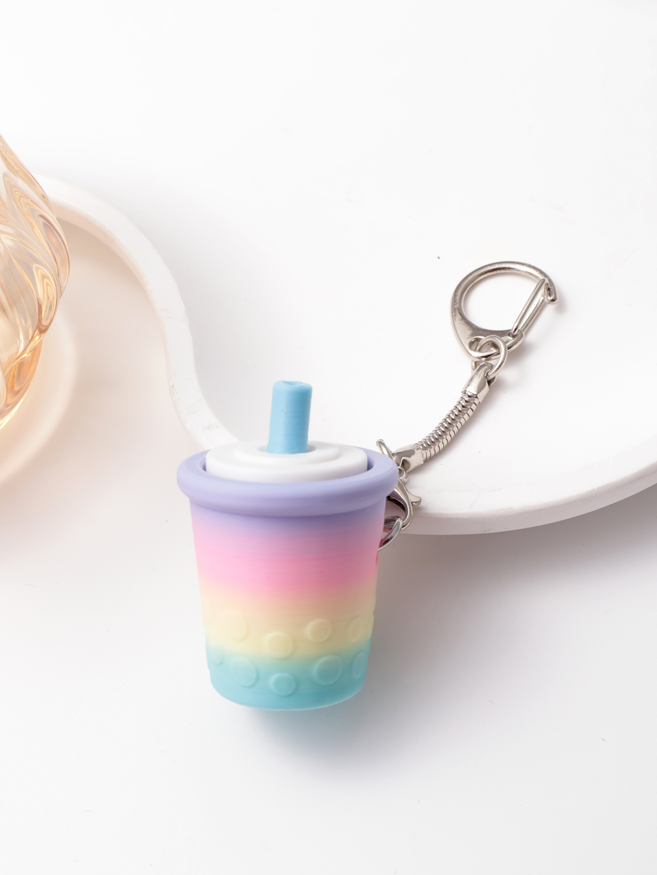 3D printed milk tea cup-shaped keychain - adult stress relief toy, with a portable anxiety relief gadget featuring a clickable keyboard design