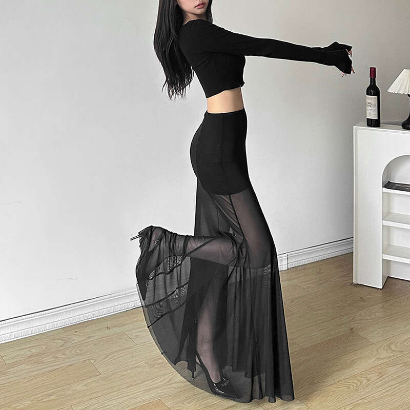 2024 Spring New Women's Solid Color Slim Street Fashion High Waist Bodycon Sheer Skirt e8b