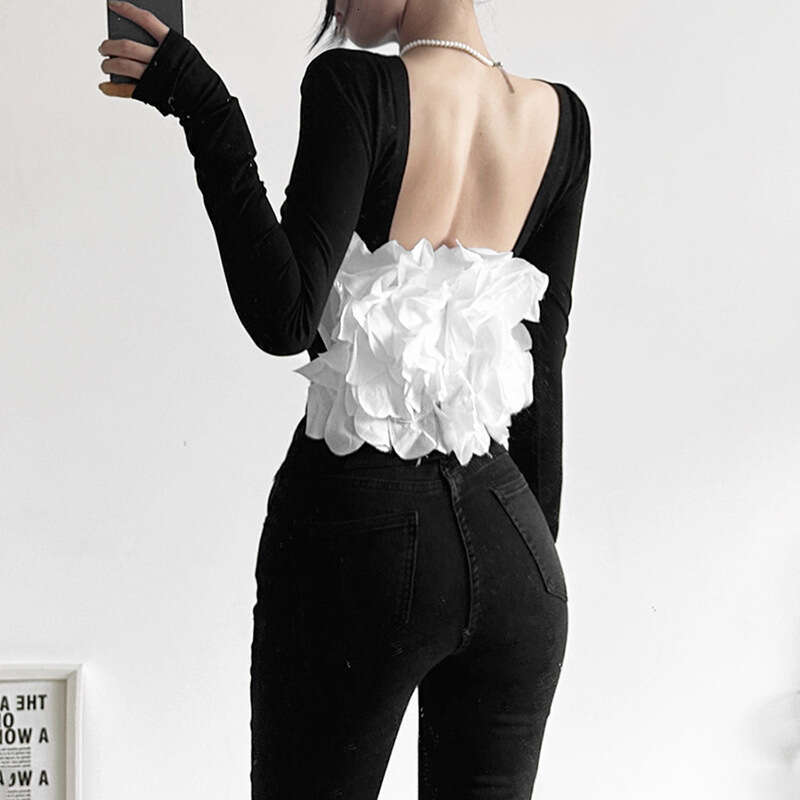 2023 Summer New Women's Fashion Solid Color Slim Fit Round Neck Sexy Backless Long Sleeve T-Shirt 235