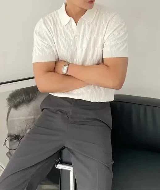 Fashionable and Popular Korean Version Solid Color Slim Fit Ice Silk Polo Shirt Short Sleeved Mens Casual Lapel Base Shirt XJ250725