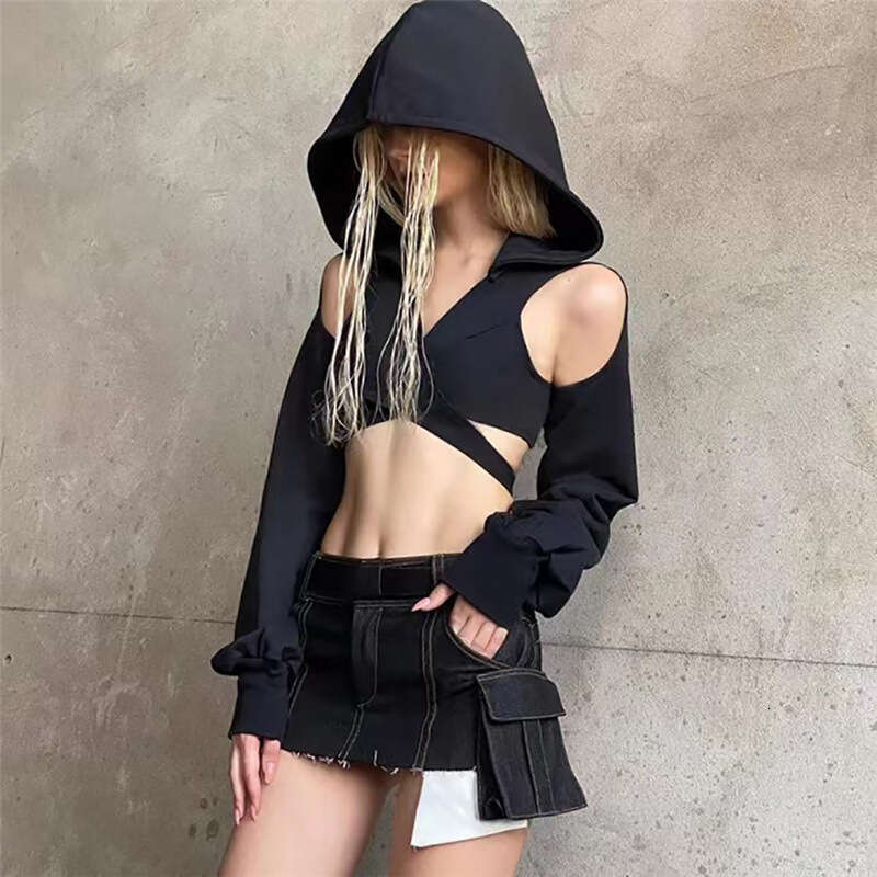 2023 Summer New Women's Fashion Solid Color Slim Fit Crop Top Fashionable Hooded Long Sleeve T-Shirt for Women 485