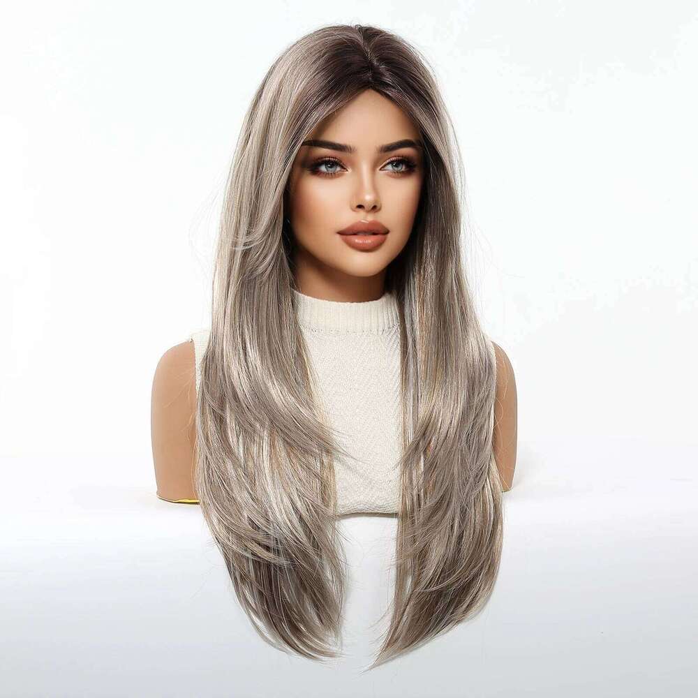 Allbell Magique Ombre Blonde Natural Synthetic For Women Daily Party Long Straight Layered Brown Hair Wigs Heat Resistant