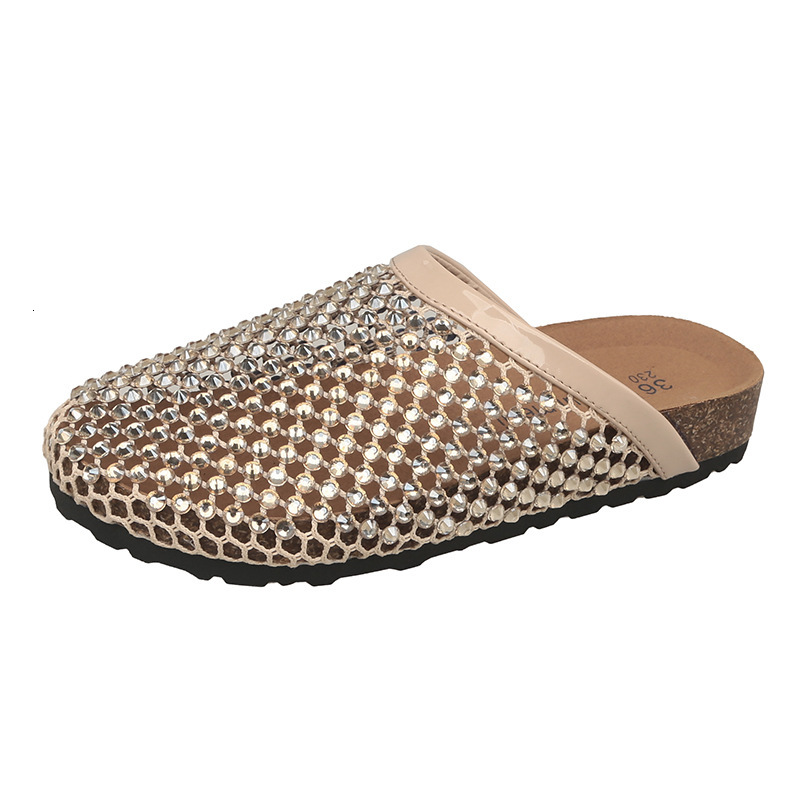 Ddmysports New Fashion Thick Soled Mesh Rhinestone Closed Toe Slippers For Women Flat Lazy Slip On Beach Sandals Outdoor Shoes