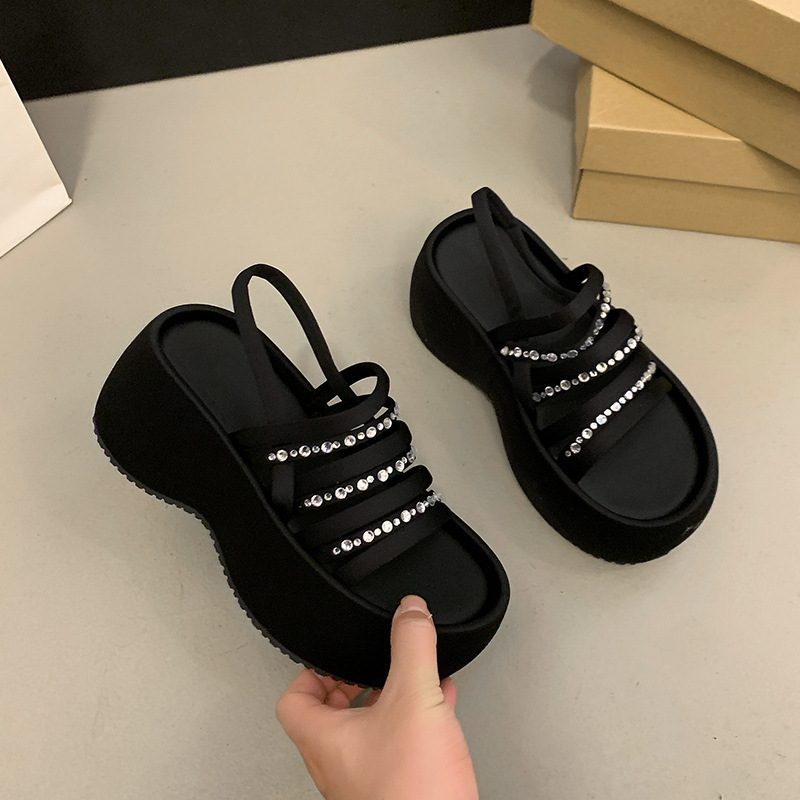 Ddmysports Platform Thick Sole Rhinestone Sandals For Women Summer New Style Black Strap Versatile With Skirts Height Increasing Beach Shoes Outdoor S