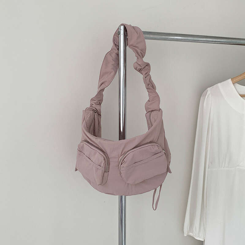2025 Summer New Pleated Nylon Fabric Solid Color Single Shoulder Niche Lotus Leaf Drawstring Casual Versatile Crossbody Bag for Women