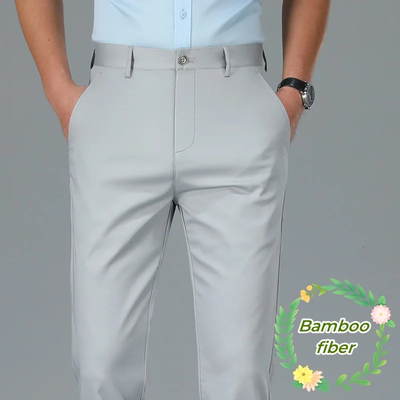 Bamboo Fiber Casual Pants Solid Color Mens Spring Summer Leisure Straight Business Formal Suit Fashion Male Trousers 250725