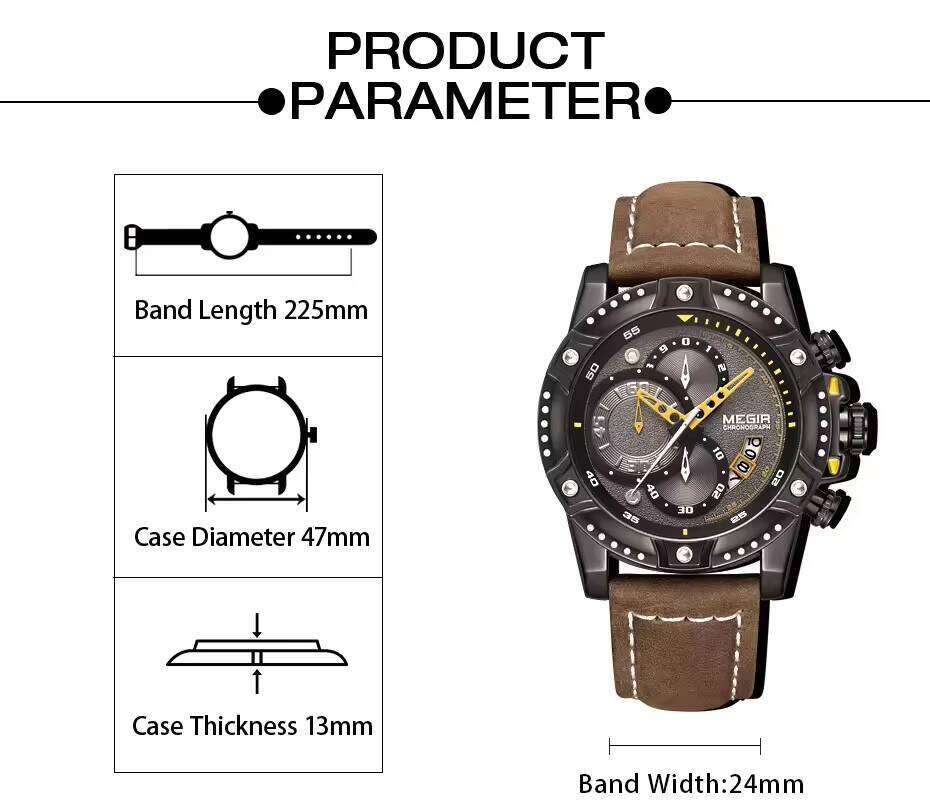 DHgargets MEGIR Men's Sports Watch - 55mm Big Face, Luminous, 30M Waterproof, Leather Strap, Quartz Chronograph Wristwatch