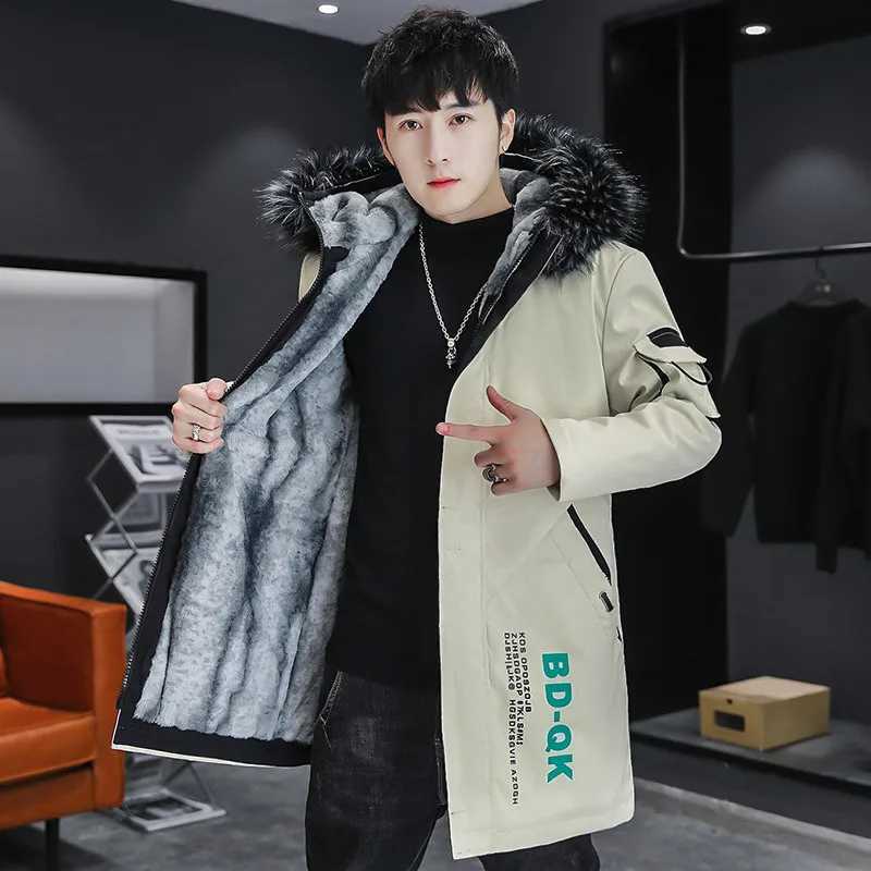 Autumn Winter Mens Fleece Mid-Length Hooded Jackets Fur Collar Thick Warm Windbreaker Streetwear Long Coat Parka X250725