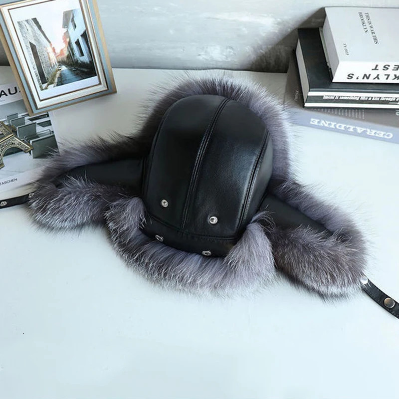 Natural Raccoon Fur Hat Women Black Fox Fur Russian Ushanka Hats Winter Warm Ears Bomber Cap 250724