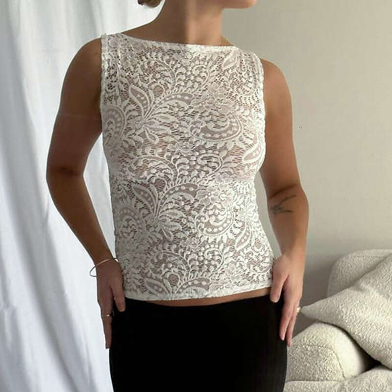 Y23tp743 Women's Spring New Casual Round Neck Pullover Slim Fit Patchwork Solid Color Lace Vest Top B5