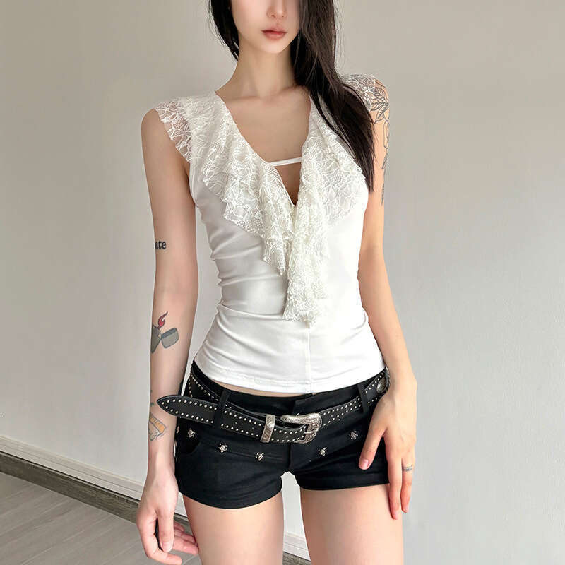 2025 Summer New Lace Trim Pure Desire Hollow Out Sleeveless Slimming Versatile Wide Strap Tank Top for Women f99