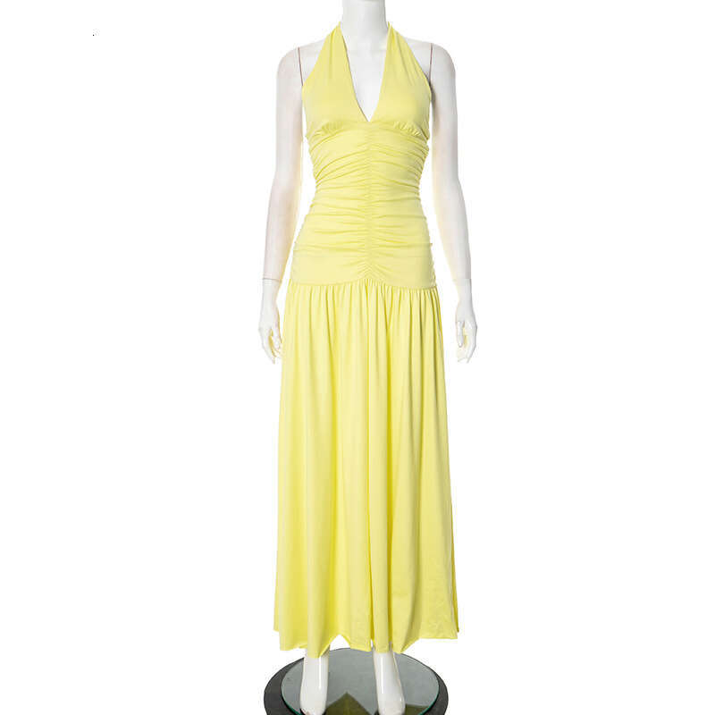 Y25ds069 Women's Spring Summer New Elegant Halter Neck Long Sexy Slit Dress B5