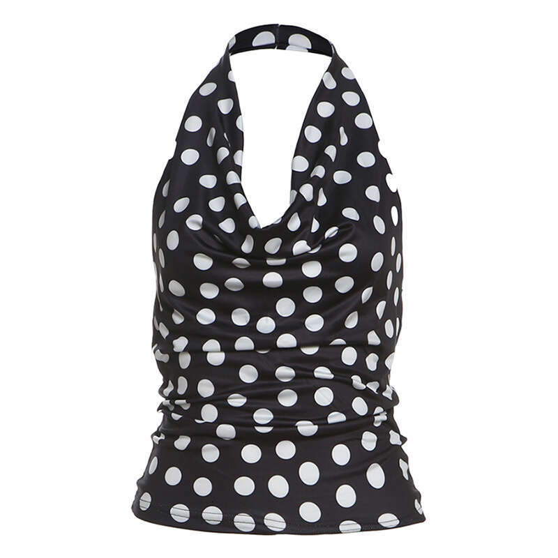 2025 Summer New Black Polka Dot Versatile Backless V-Neck Halter Slim Fit Top Women's Clothing 6c1