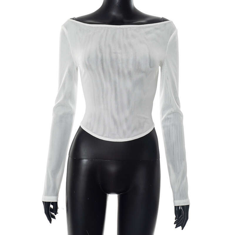 Ytp227 Women's Summer New Sheer Mesh Pullover Off-Shoulder Curved Hem Top B5