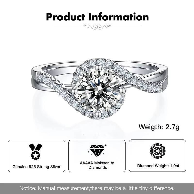 925 Sterling Silver D Color VVS 1ct Moissanite Engagement Rings for Women White Gold Jewelry