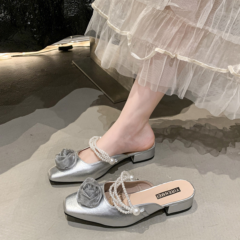 Ddmysports Fairy Style Flower Pearl Sandals For Women Summer Fashion Slip On Closed Toe Outdoor Lightweight Chunky Heel Slippers Outdoor Shoes