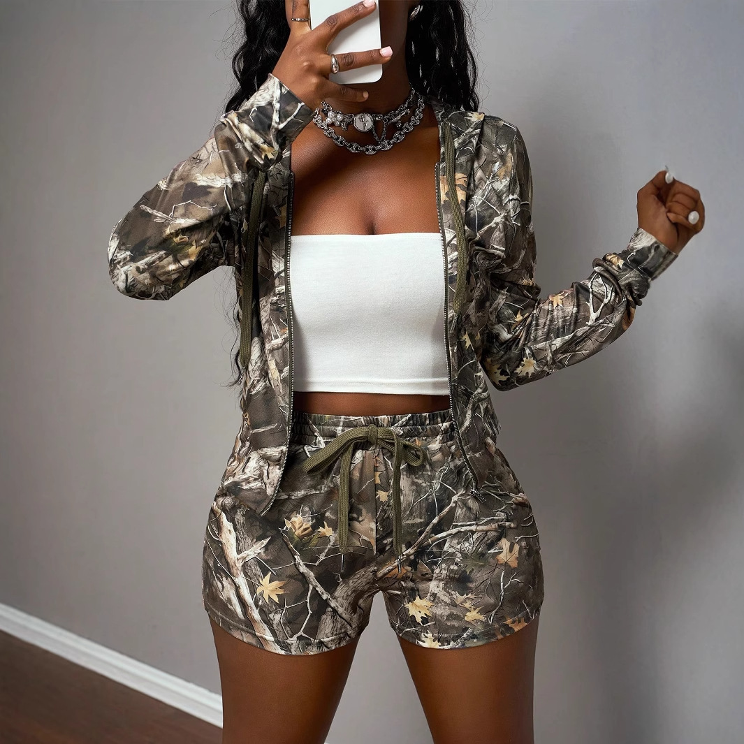 2025 Summer Sexy Slim Fit Camouflage Branch Shorts Zipper Womens Set