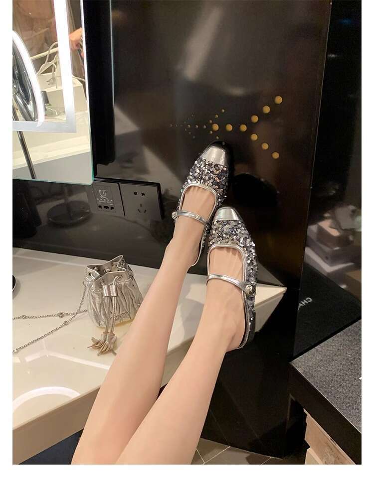 Designer Shiny Sequin Sandals for Women, Chunky Heel Single 2024 Spring Fashion Shoes, Huizhou Women's Mules