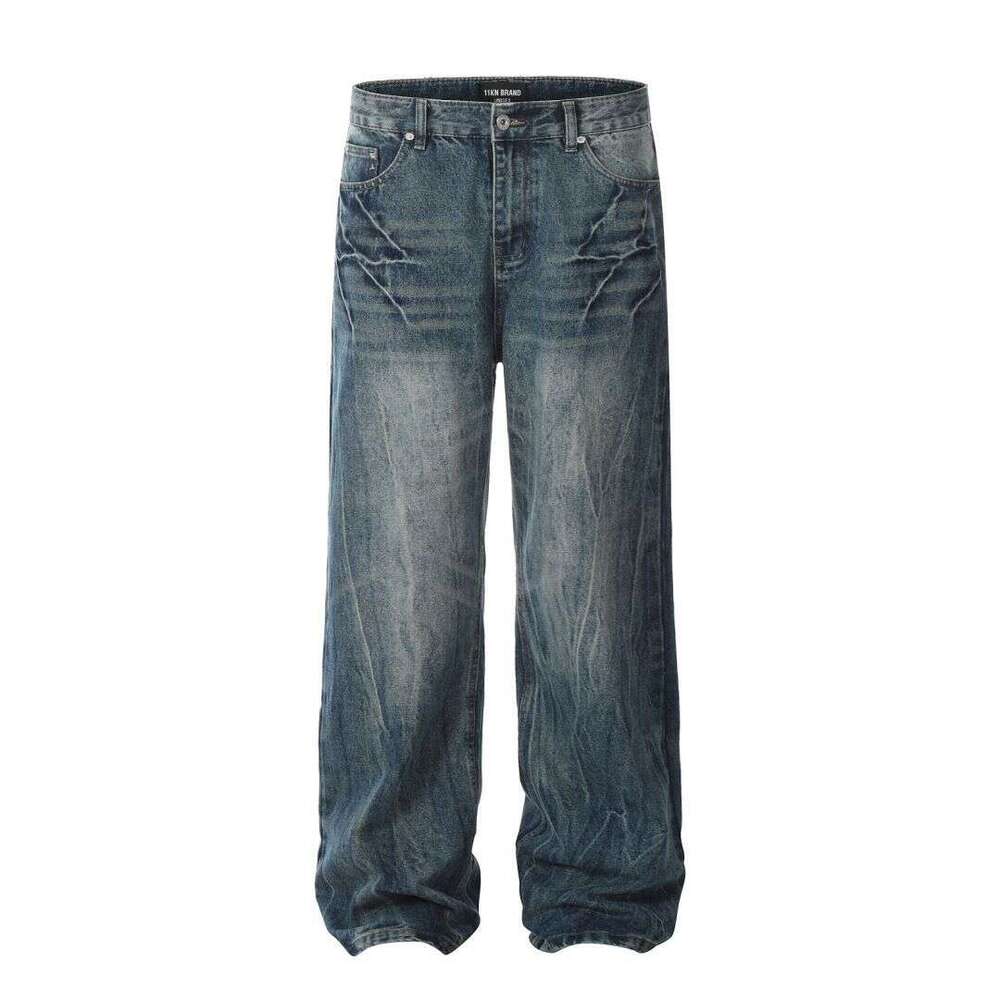 11Kn American Style Lightning Crack Blue Straight Jeans Unisex Washed Design Loose Slimming Casual Long Pants