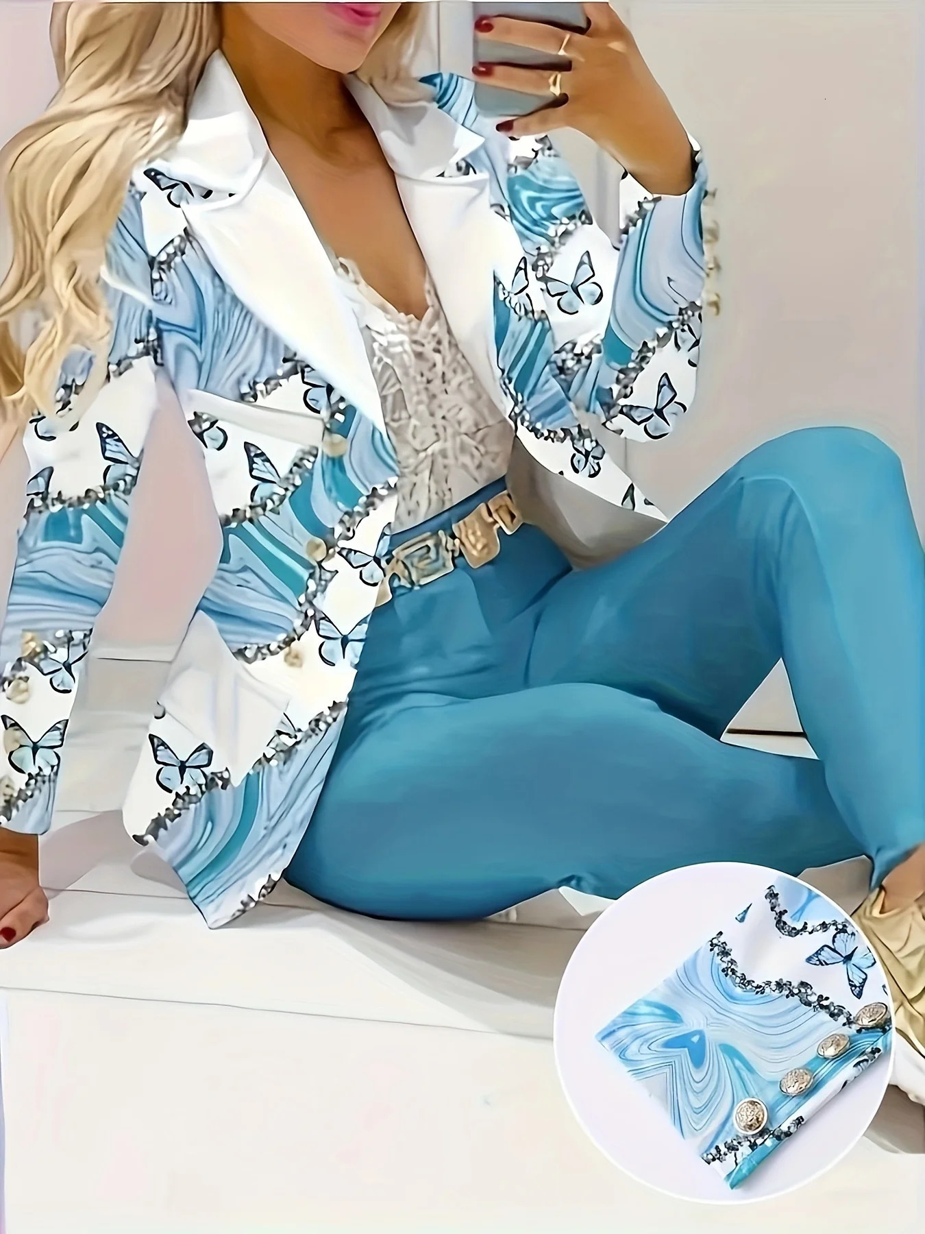 Ladies Elegant Two-Piece Set Long Sleeved Lapel Suit Jacket and Slim Fit Pants Suitable for Office and Work 250724