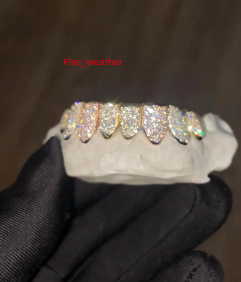 10K VVS Moissanite Grills Large Centre Stones Custom Grillz London Based Perfect Fit 8 Top 8 Bottom Fully Iced Out Grillz
