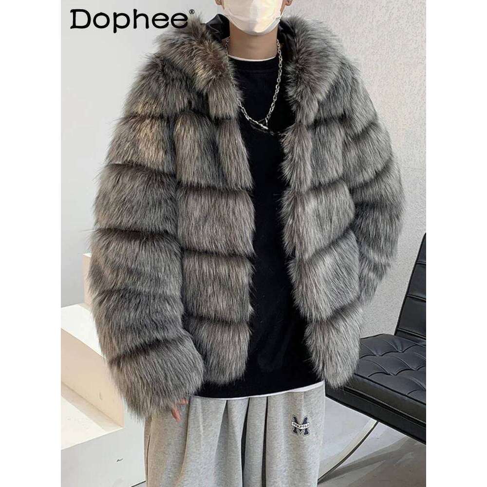 2025 Winter New High-End Imitation Striped Cotton-Padded Coats Men's Fashion Trendy High Street Cotton Warm Faux Fur Jackets