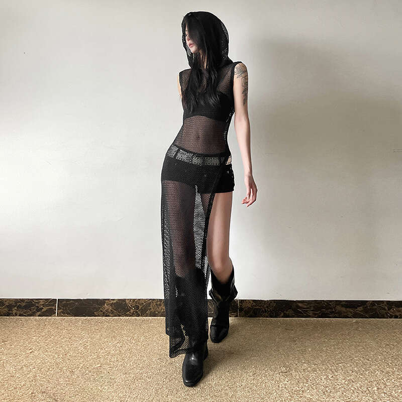 INS Style 2024 Autumn New Women's Solid Color Street Fashion Hooded Sleeveless Split Cover Dress d77