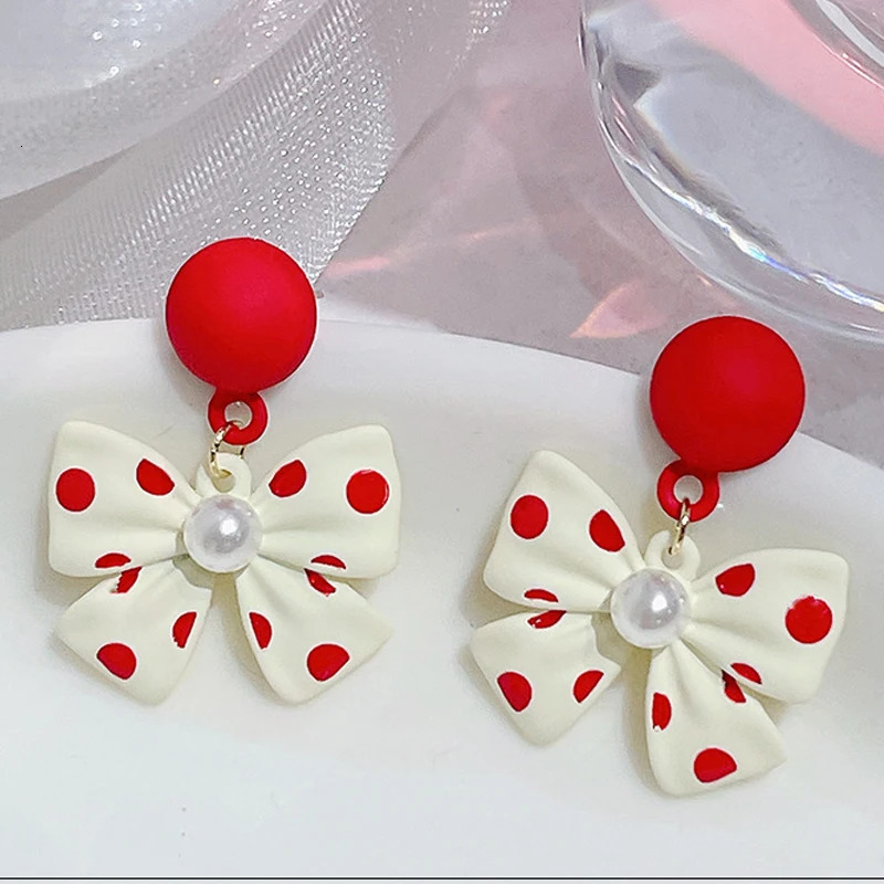 Cute Pearl Bowknot Drop Earrings for Women Red Round Dangle Wedding Party Wave Point Print Sweet Jewelry pendientes 250715