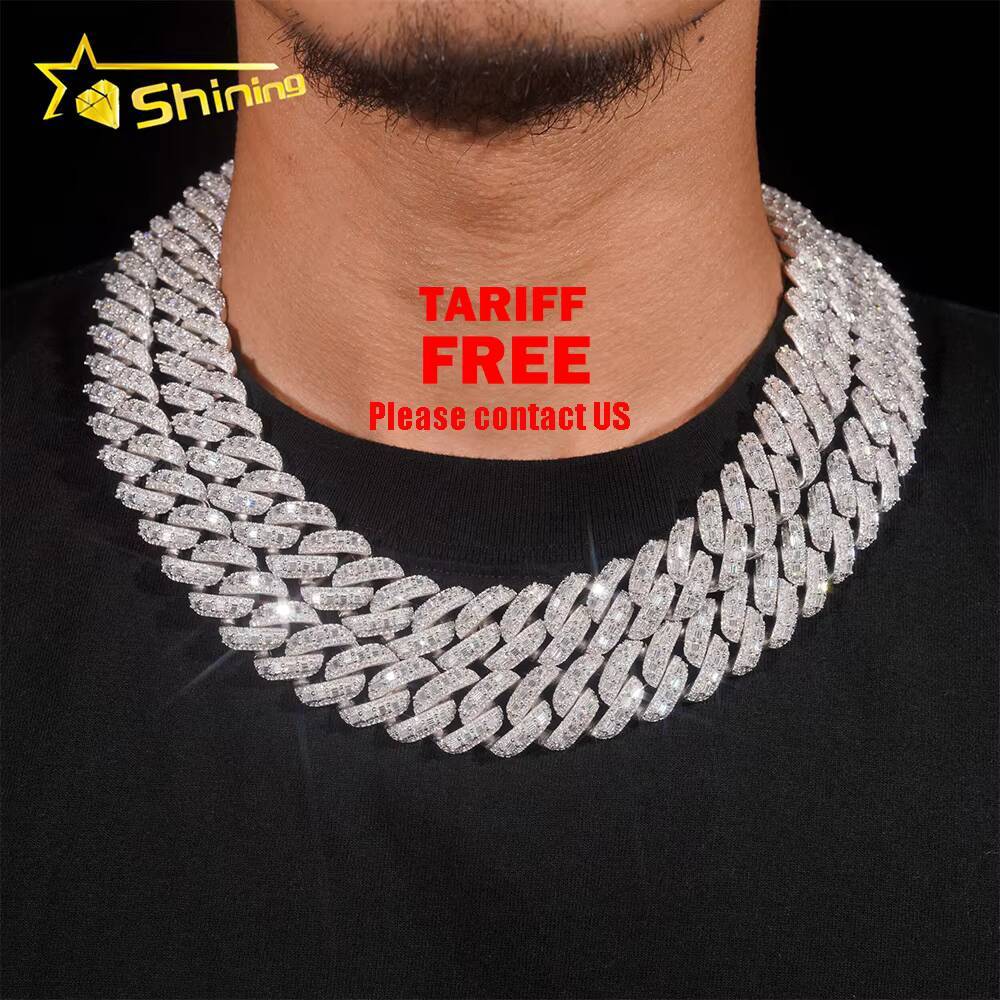 Baguette Moissanite 18mm Necklace Fine Jewelry VVS Iced Out Moissanite Pass Diamond Test 925Silver Gold Hip Hop Cuban Link Chain
