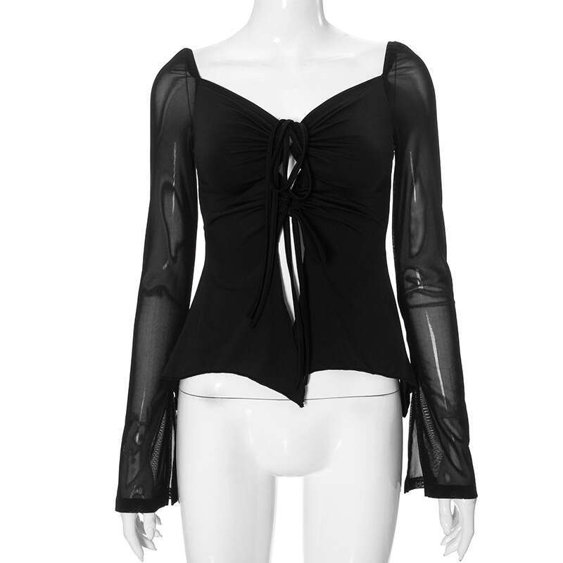 Qtp479 Women's Autumn New Solid Color Off-Shoulder Sexy Mesh Patchwork Long Sleeve Top B5