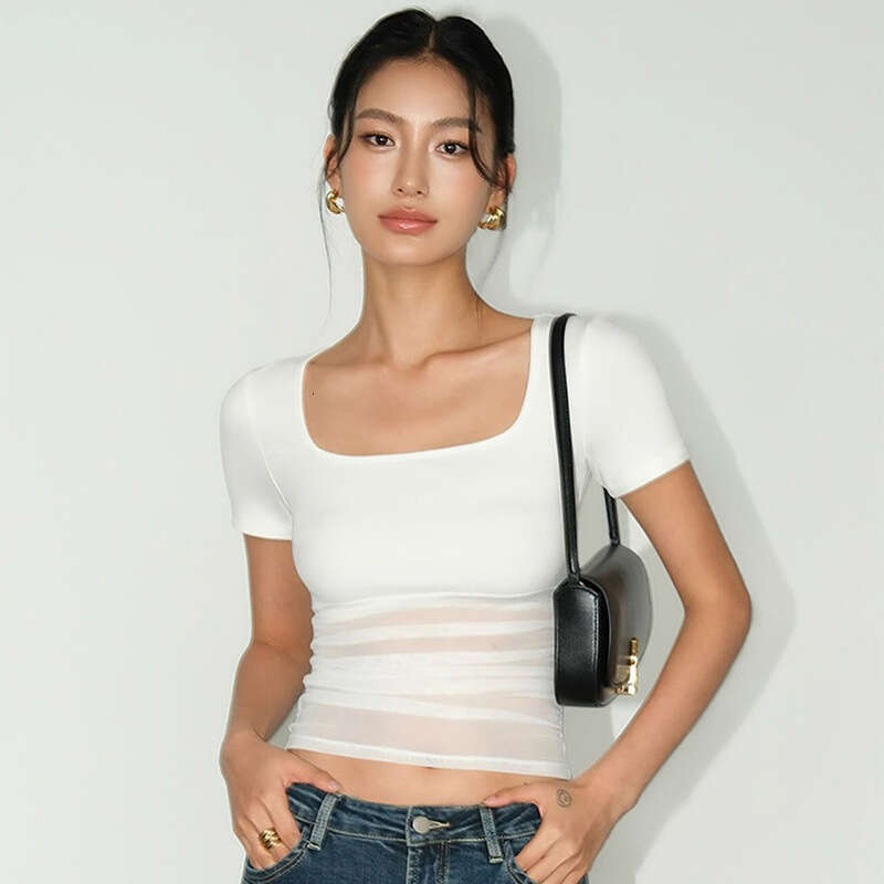 Qtp322 Women's Summer New Solid Color Square Neck Short Sleeve Patchwork Sexy T-Shirt Top For Women B5