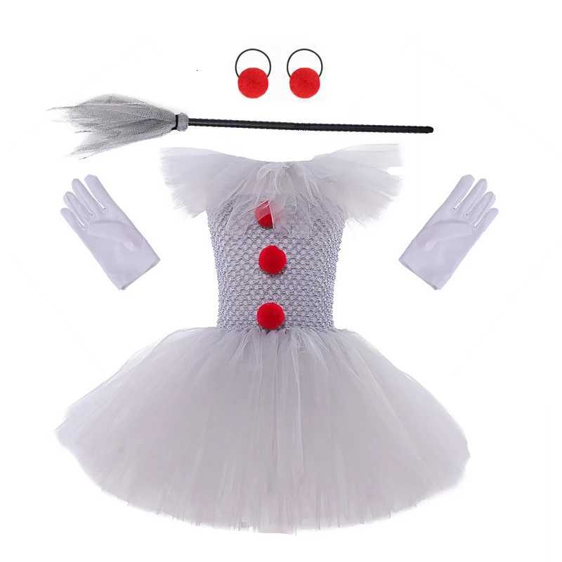 Kids Gray Circus Clown Tutu Dress Girls Funny Joker Halloween Outfit for Birthday Carnival Parties Dress + Gloves + Hairband Z250725