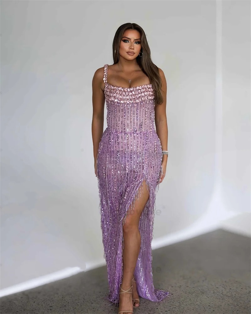Gorgeous Evening Dresses For Women Square Neck Sleeveless Gown Split Side Crystal Sequins Tassel Dress Party Customized Dress