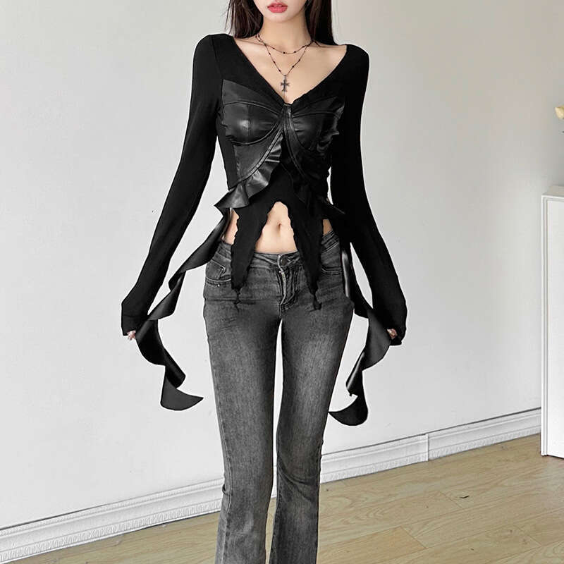 2024 Autumn New Women's Solid Color Slim Fit Crop Street Fashion V-neck Long Sleeve Top 323