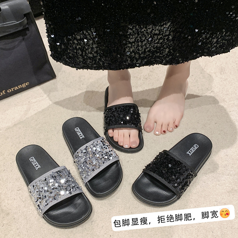 Ddmysports New Women S Summer Fashion Sequin Thick Soled Height Increasing Beach Non Slip Platform Slide Sandals Outdoor Shoes