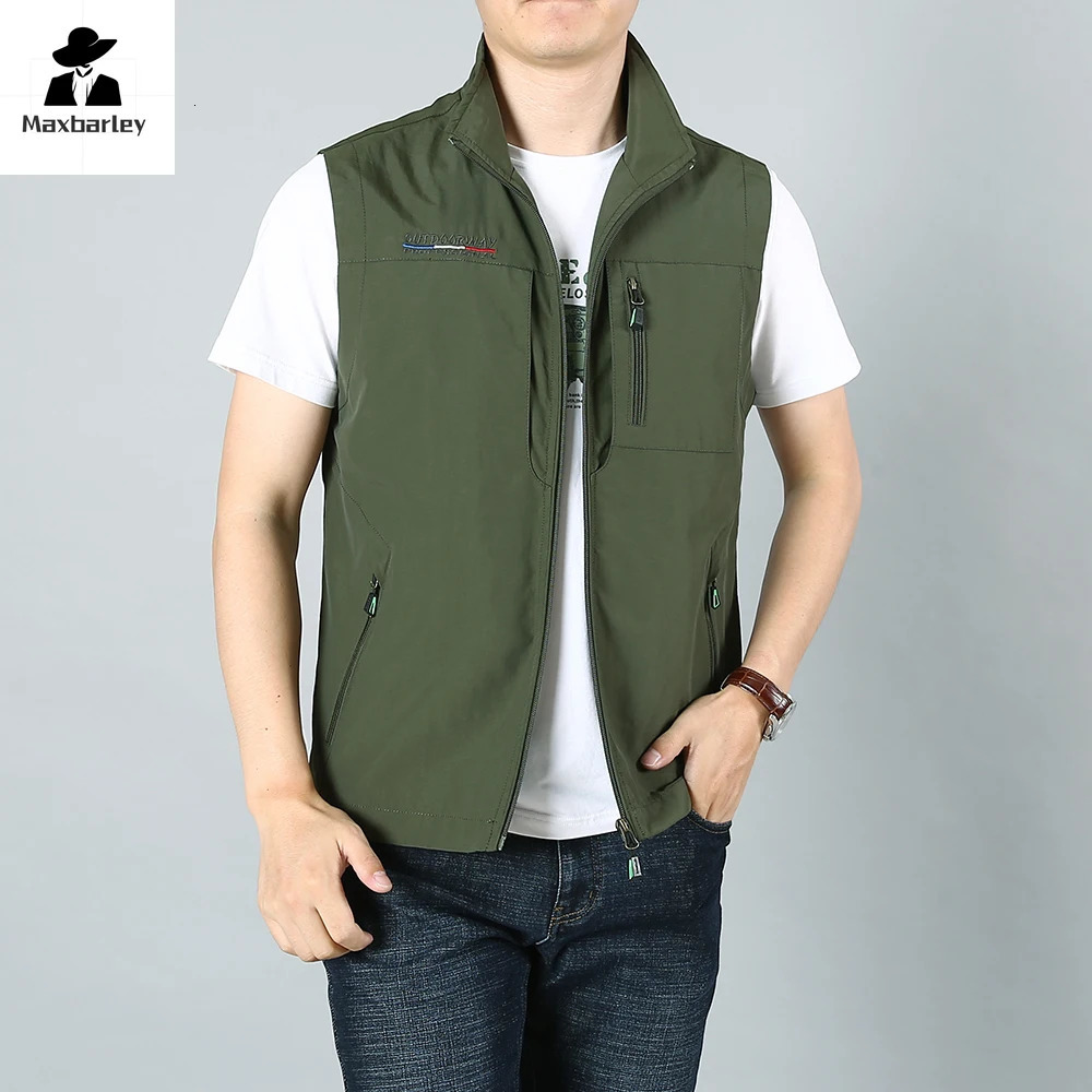 Mens Waistcoat Jackets Outdoor Fishing Vest 2024 Summer Solid Color Stand Collar Climbing Hiking Work Sleeveless With Pocket 250725