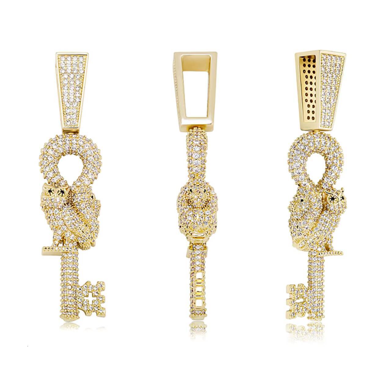 Luxury 925 Sterling Silver Moissanite Owl Skeleton Key Pendant Necklace New Hip Hop Style for Men and Women